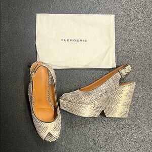 Robert Clergerie Neutral Snakeskin Platform Slingback Wedges